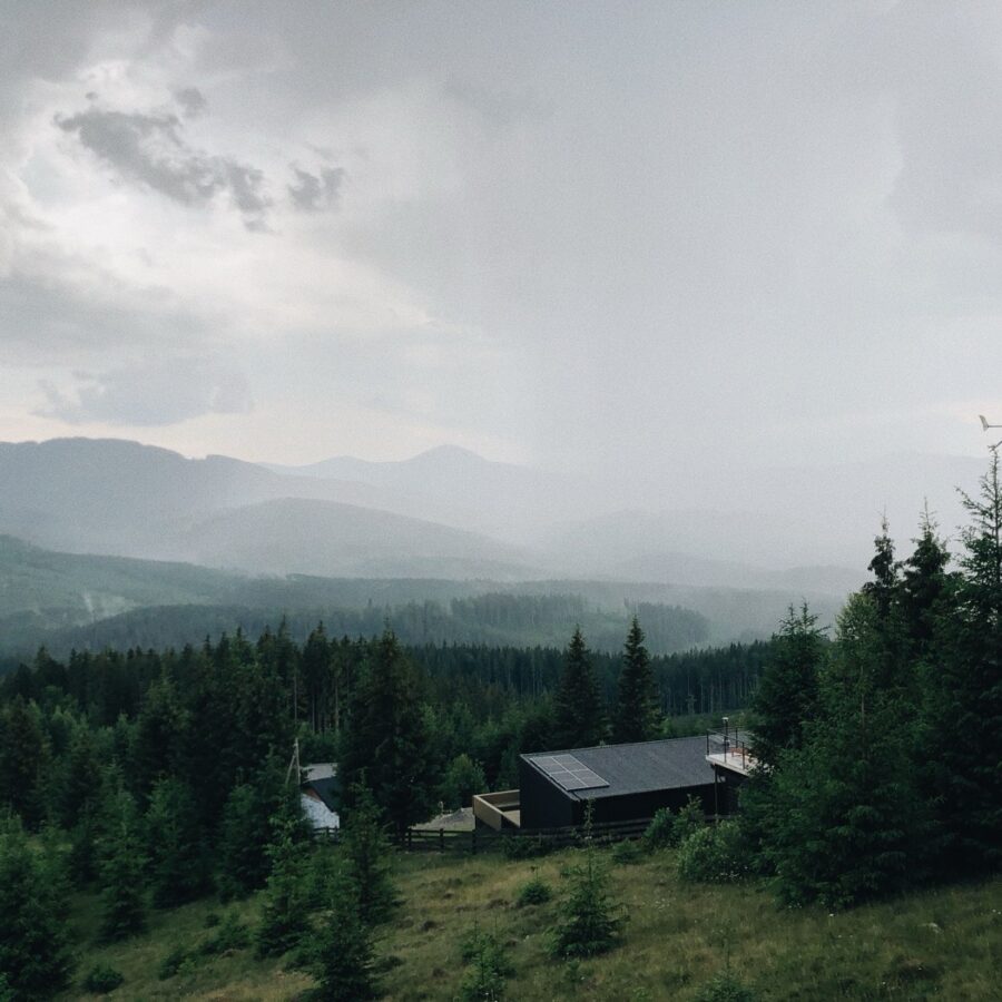 Modern off-grid cabin powered by rooftop solar panels in a forest