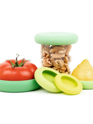 Reusable silicone Food Huggers in five colorful sizes