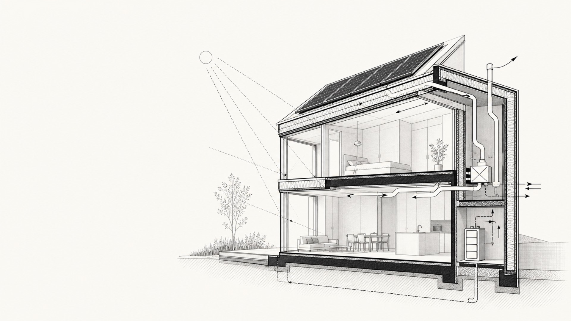 Technical architectural drawing of a net-zero house section
