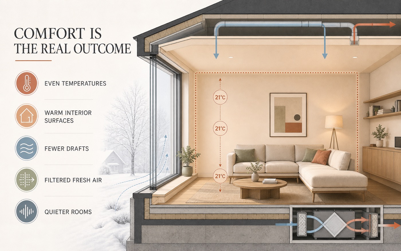 Illustrated Passive House interior showing even temperatures, warm surfaces, fewer drafts, filtered fresh air and quieter rooms