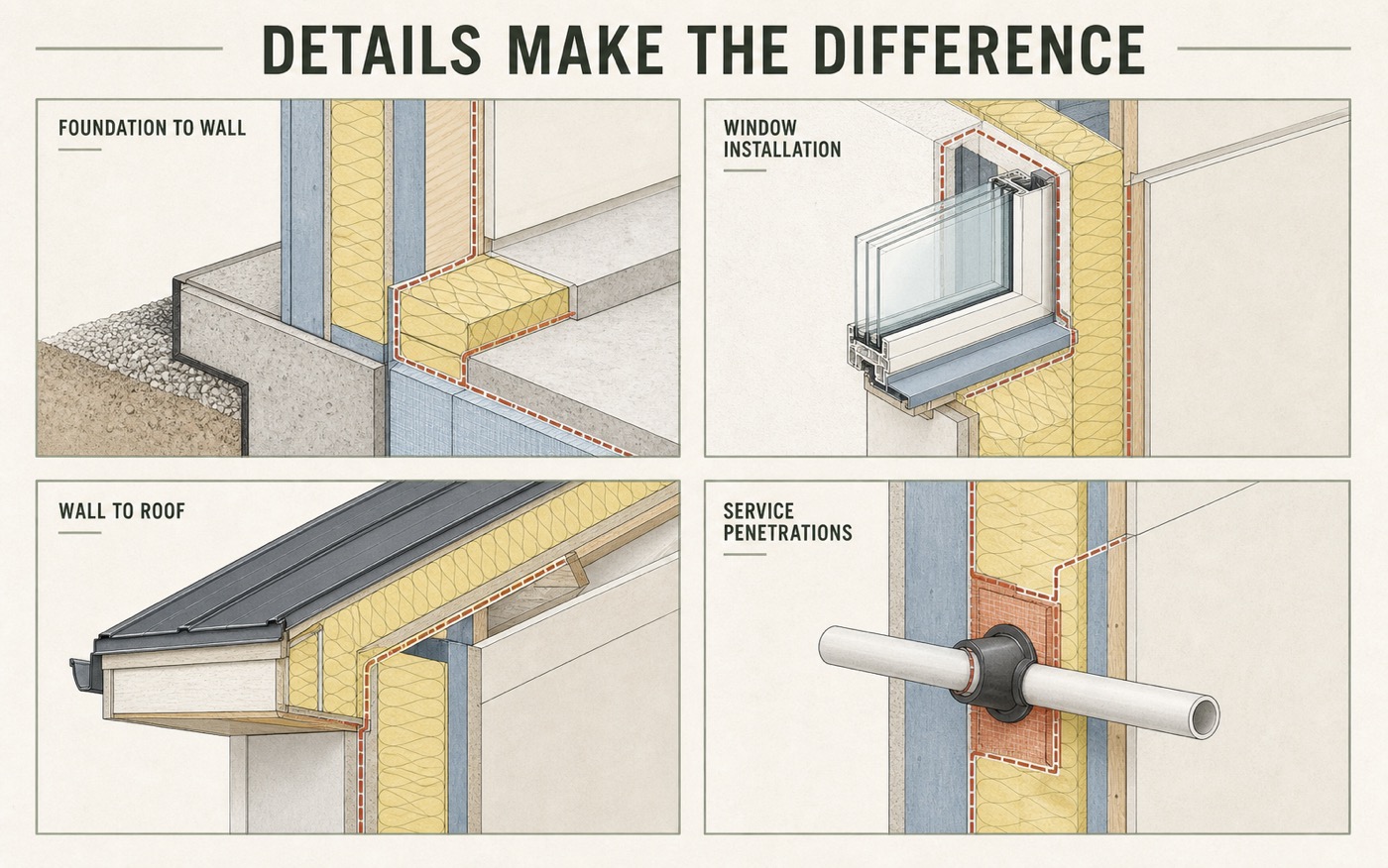 Four architectural details showing Passive House foundation-to-wall, window, wall-to-roof and service-penetration connections