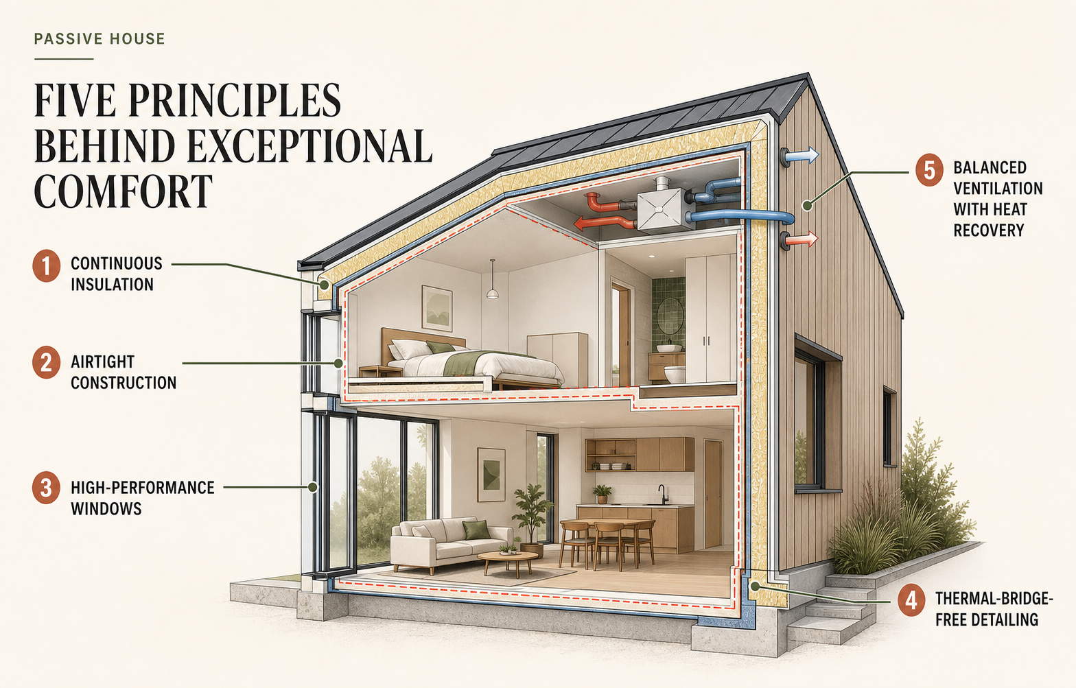 Cutaway house diagram showing continuous insulation, airtight construction, high-performance windows, thermal-bridge-free detailing, and heat-recovery ventilation