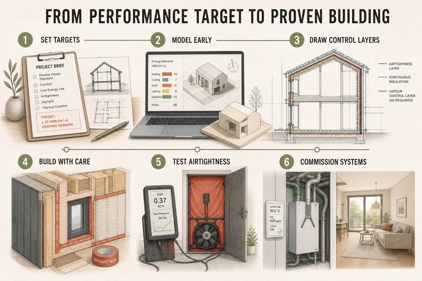 Six-step Passive House project workflow from setting targets and energy modeling through construction, airtightness testing and commissioning