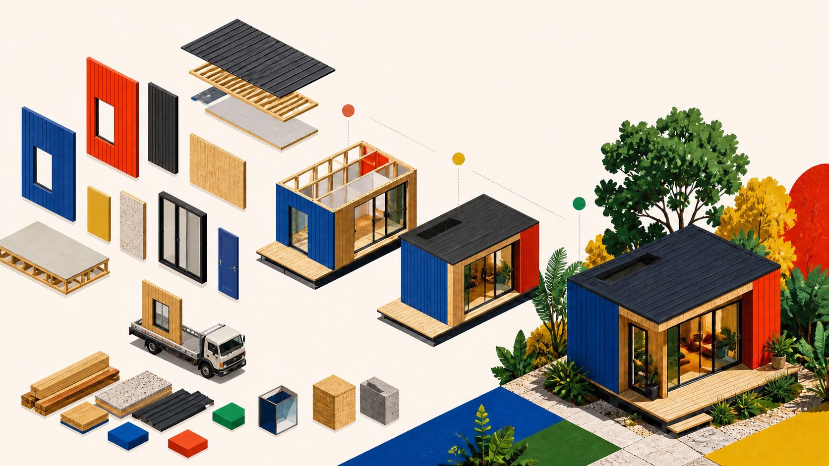 Colourful modular prefab home design and construction principles